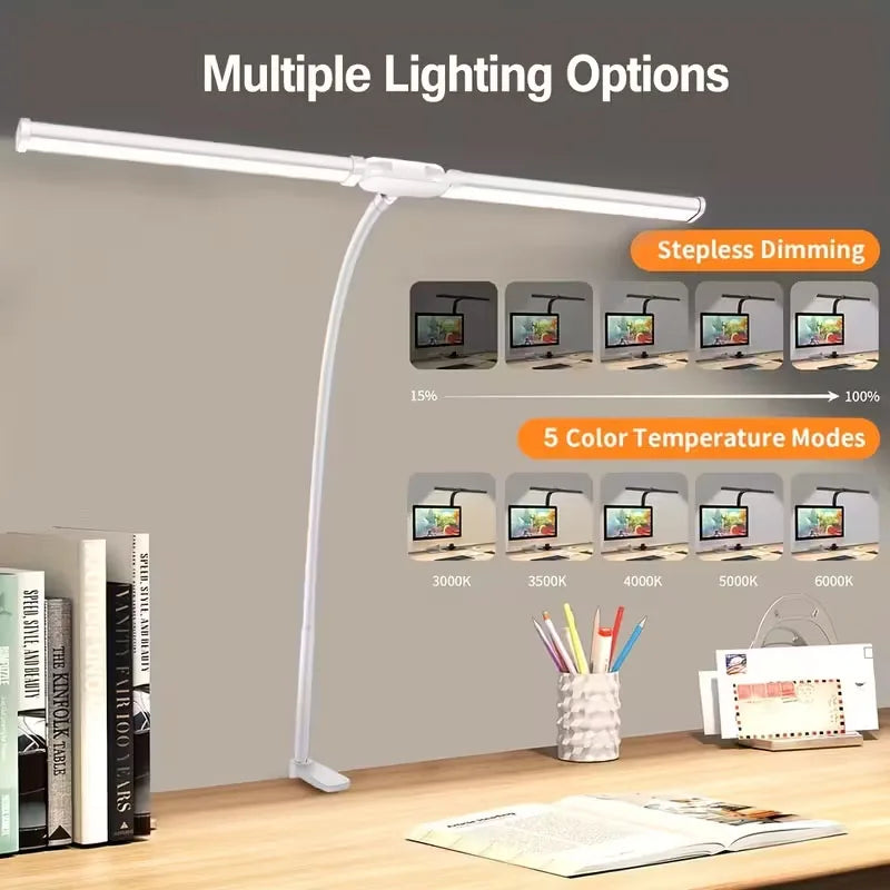 2-Head LED Desk Lamp Clip 5 Modes 10 Brightness Levels Adjustable Angle USB Suitable for Reading Learning Piano Monitor Office