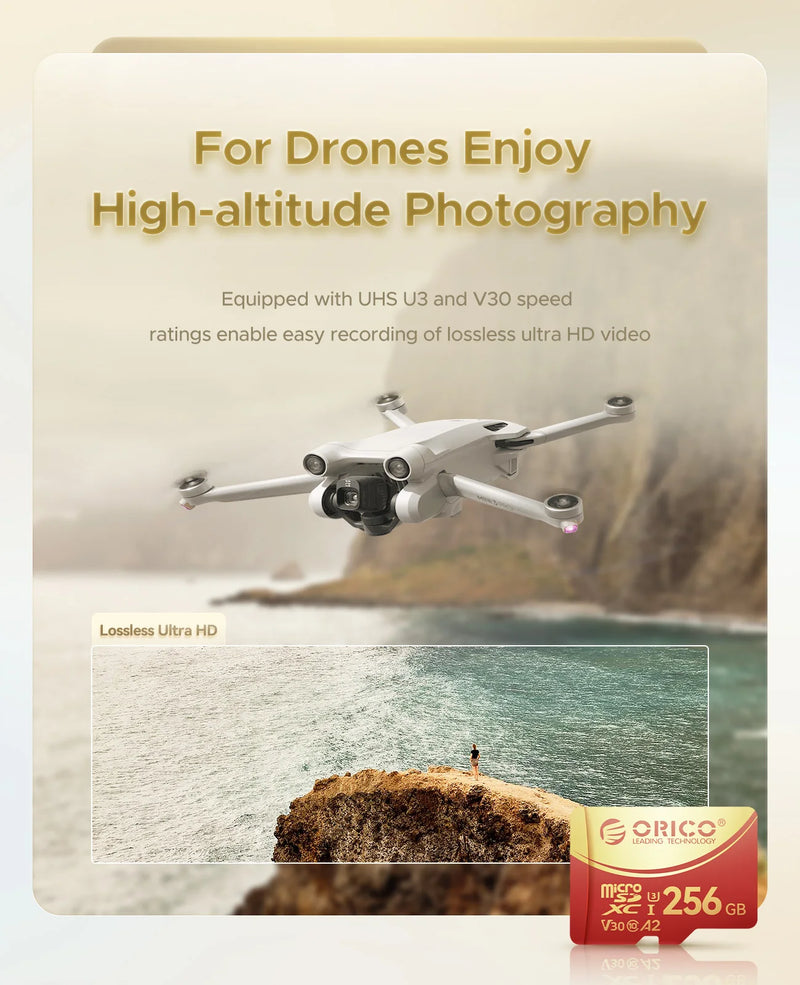 ORICO 256GB Micro SD microSDXC R/W Up to180MB/s Full HD and 4K UHD C10, U3, V30, 4K, A2 for Camera Drone Dash Cam