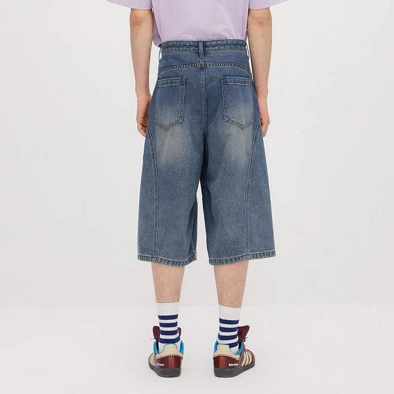 Semir Denim Shorts Men 2026 Summer Wide Leg Washed Vintage Faded Urban Street Style Cropped Knee Length