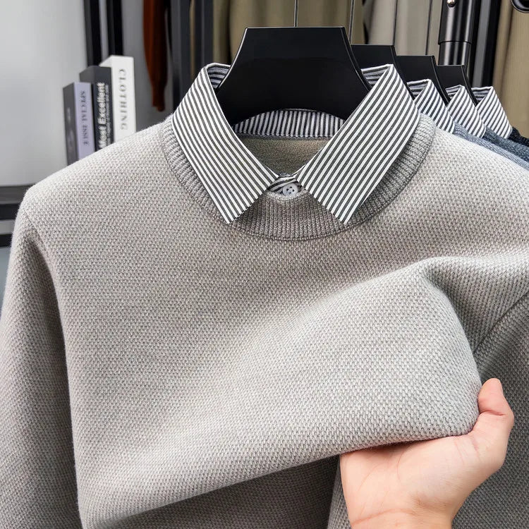Men's Faux Two-Layer Sweater, Plaid Collar Thickened Warm, Gold Medal Quality, Thickened Collar Pullover Shirt