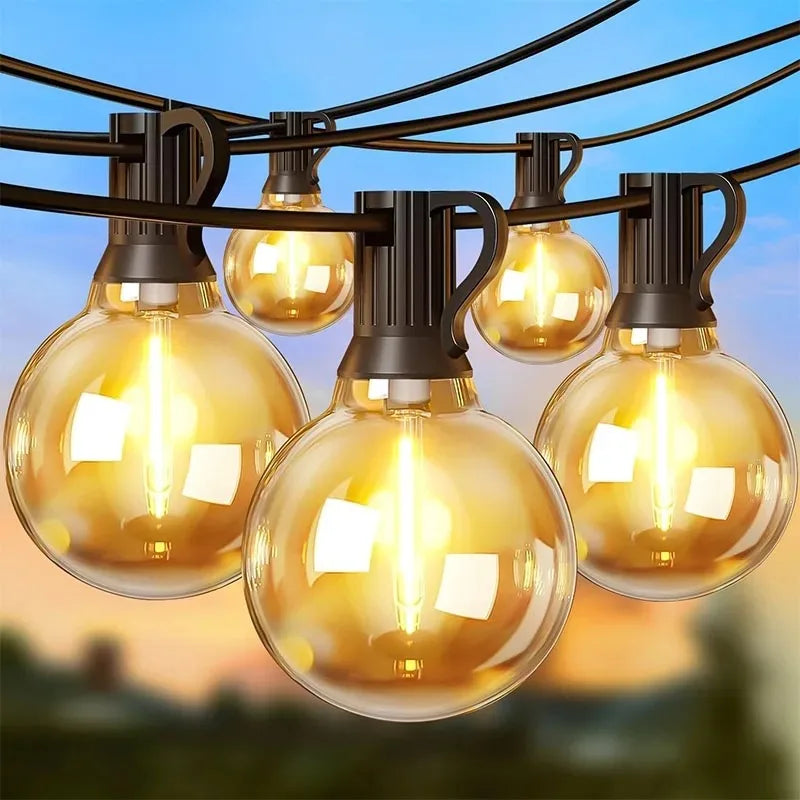 ភ្លើងខ្សែ LED ក្រៅផ្ទះ G40 អំពូលភ្លើង Patio ដែលអាចបន្ថយពន្លឺបាន ភ្លើងខ្សែព្យួរការពារទឹកជ្រាប ជាមួយអំពូលពណ៌សក្តៅ ធន់នឹងការបែក