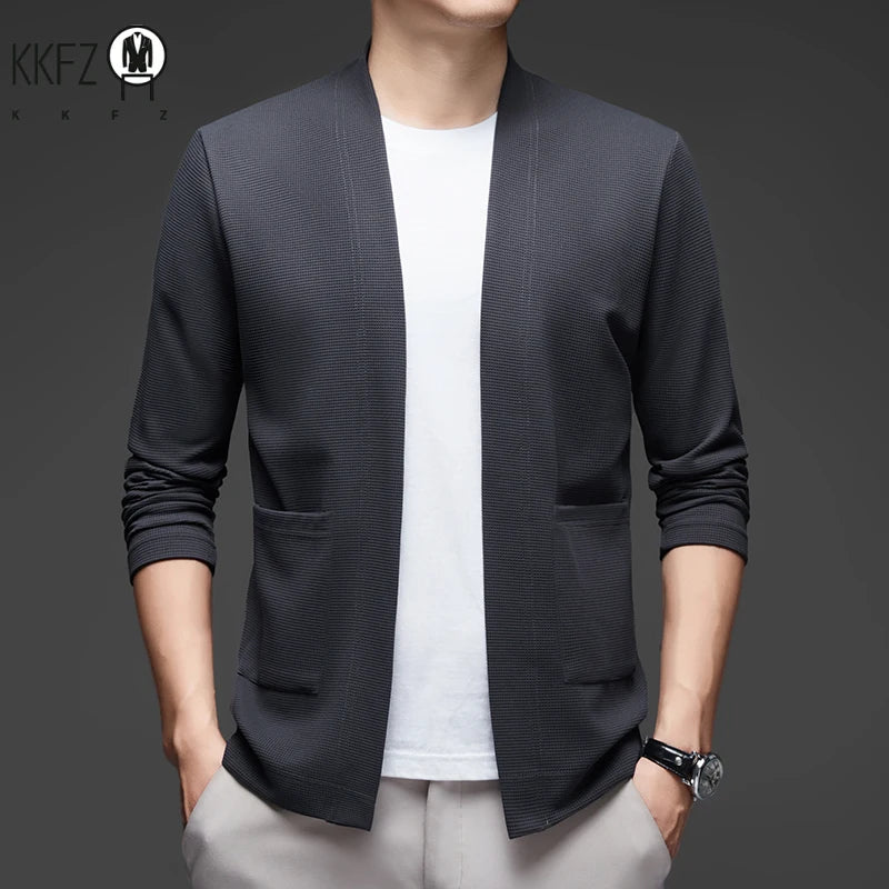 New Men's Business Casual Long Sleeved Solid Color Cloak Jacket Knitted Comfortable and Fashionable All Season Versatile Top