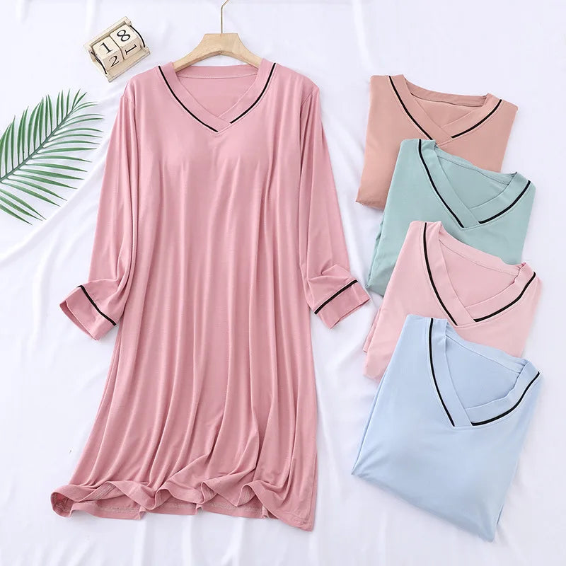New Comfortable Modal Nightgowns Women Chest Pad Long-Sleeved Nightdress Spring Sleeping Dress Casual V Neck Ladies Nightshirt