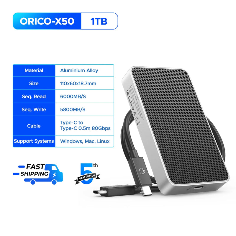 ORICO 80Gbps Thunderbolt 5-Compatible SSD Enclosure with Fan Cooling JHL9480 Chip for 80Gbps USB4 M.2 NVMe for Macbook