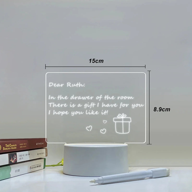 LED Night Light with Pen Acrylic Dry Erase Board Clear Desktop Note Memo Board Painting Message Soft Lights Desk Lamp Gift