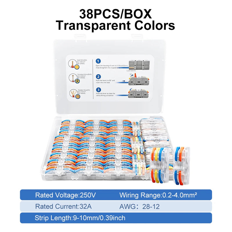 TOMZN 38PCS Lever Wire Connectors Set 28PCS 2In 2Out 10PCS 3In 3Out Quick Splicing Terminal Blocks 32A 250V for 28-12AWG