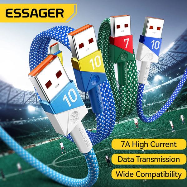 ខ្សែសាក ESSAGER 100W 7A USB Type C សម្រាប់ Huawei 88W ខ្សែសាកលឿន Super Fast Charging ខ្សែពណ៌ក្រុមបាល់ទាត់ សម្រាប់ Xiaomi 15 Samsung Oneplus