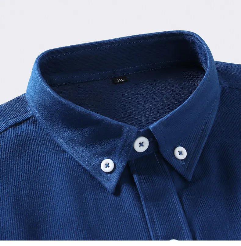 Men's Blue Long-sleeved Shirt, Corduroy Fabric Shirts, Asian-sized Fitted Top. Available in Red, Black, White, Green and Yellow.
