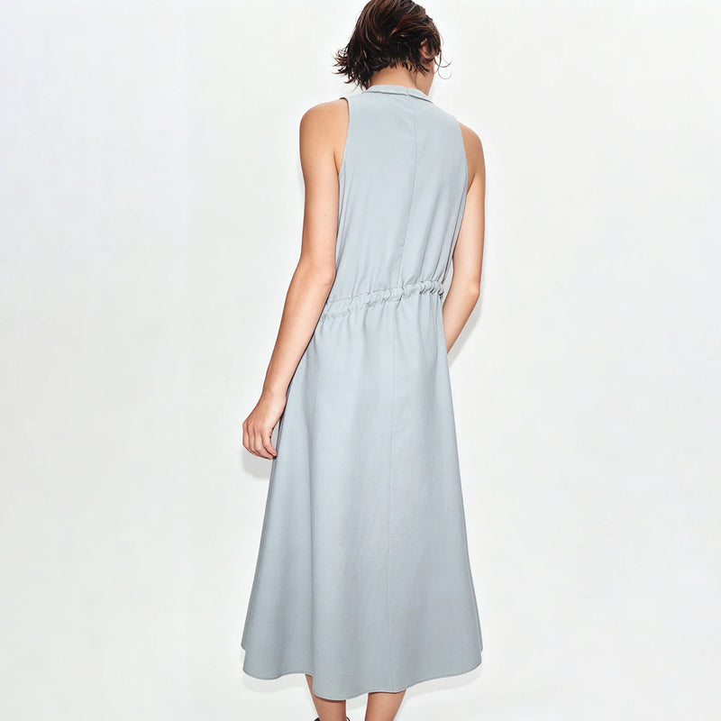 Amii Sleeveless Womens Dresses 2026 Summer New V-Neck Linen Blend Breathable Drawstring Tie A-Line Elegant Long Dress 12652013
