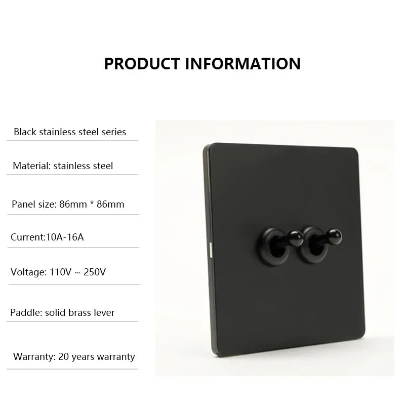 Retro Light Switch Lever Wall Power ON OFF Socket Panel,EU RU FR Black Stainless Steel Dual Usb Outlet  1-4Gang 1/2Way Switch