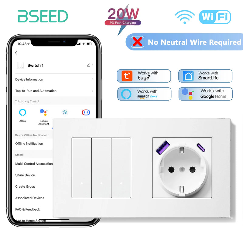 BSEED 1/2/3Gang 2Way WIFI Light Switch Smart Click Switch With EU Wall Socket Plastic Frame Tuya Smart Life No Neutral Line