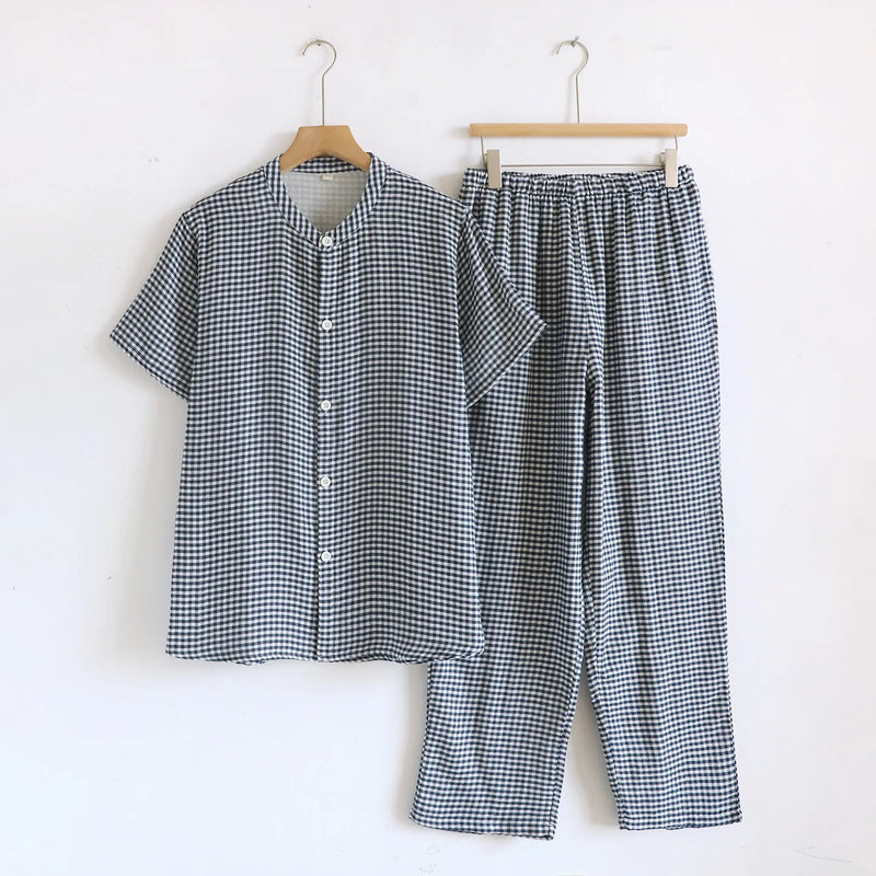 Plaid Sleepwear Clothes For Men's and Women's Cotton Summer Short Sleeved Long Pants Two-Piece Pajamas Set Couple Home Clothes