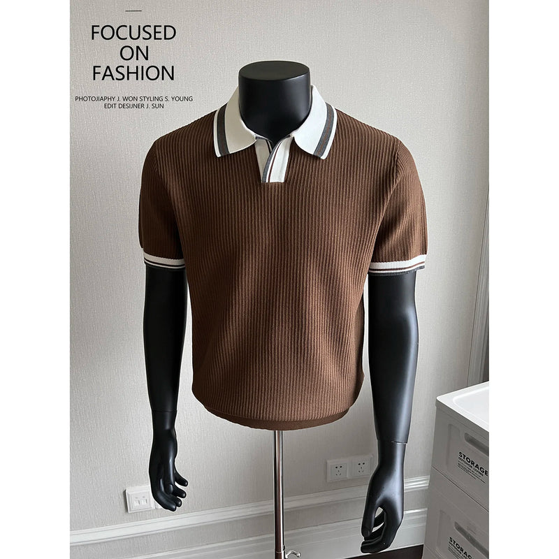 Men's Contrast Collar Polo, Old Money Style Knit Shirt,Stretchable, Breathable, Everyday Commuter Knitted Pullover.