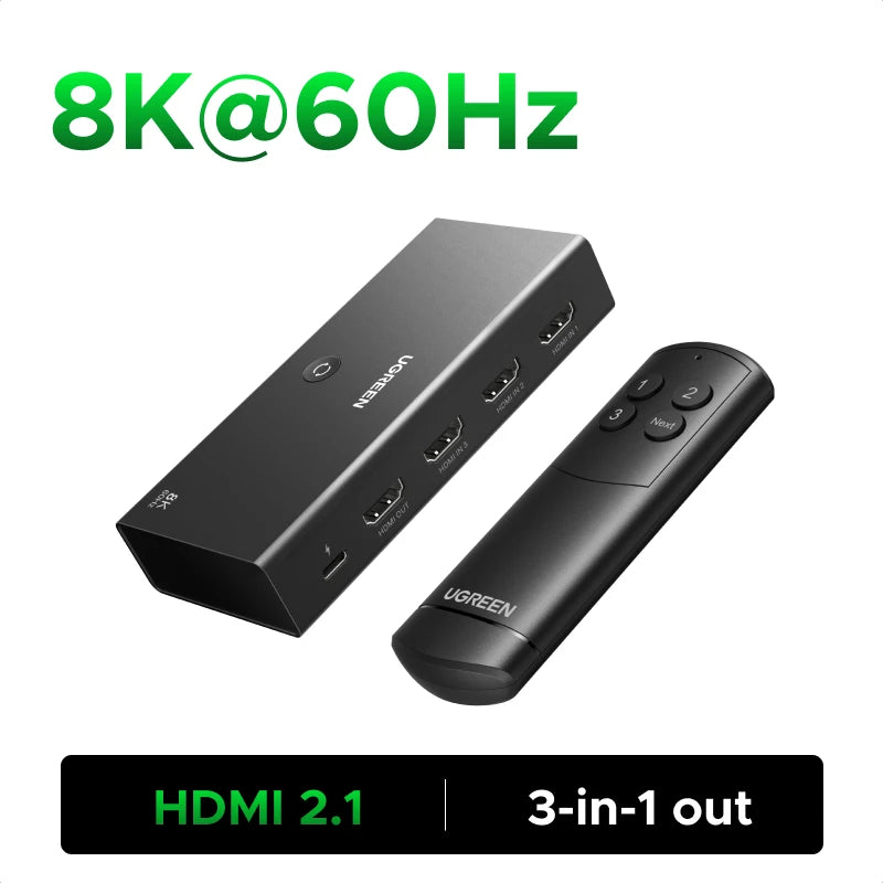 UGREEN HDMI 2.1 Switcher 8K 60Hz HDMI-compatible Switch 3 in 1 Out with Remote Control Converter For Xbox PS5 Monitors