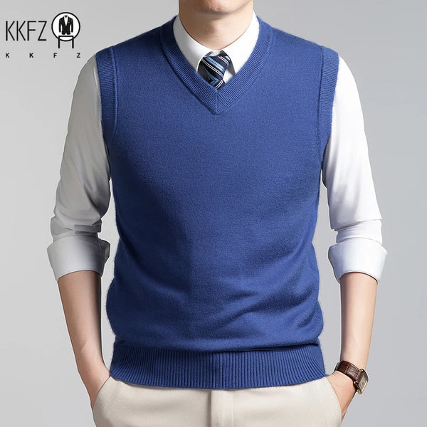 V Neck Sleeveless Wool Knit Vest For Men Soft Handfeel Knitwear Business Formal Sweater Tank Top Autumn Layering Clothes