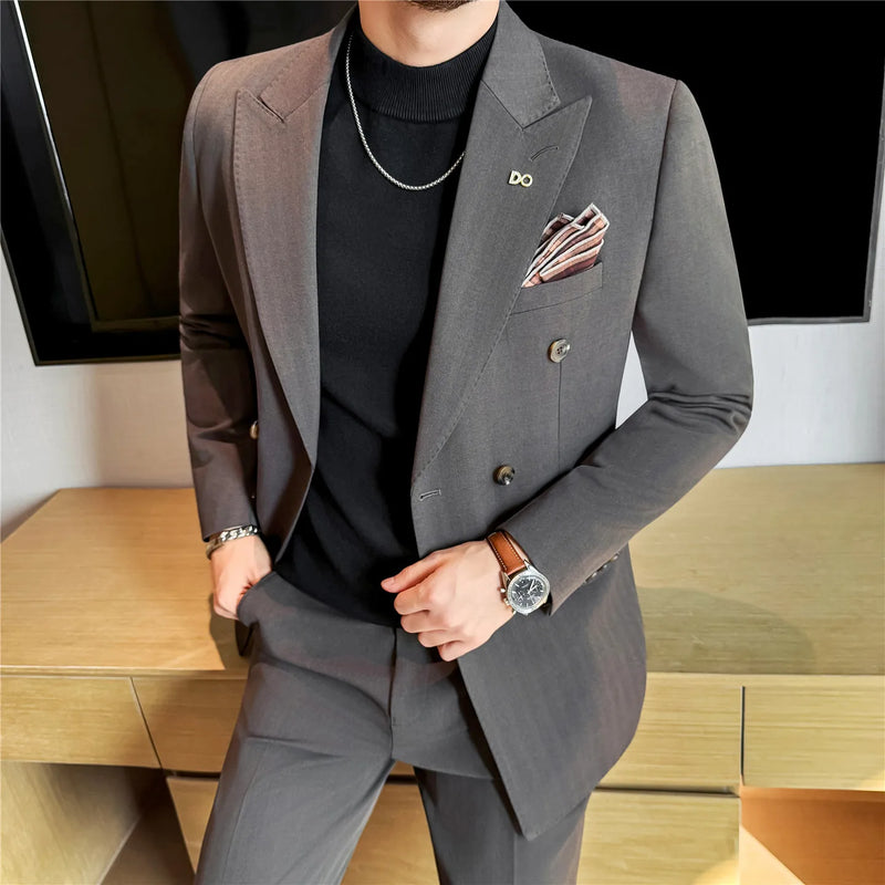 Men's Dark Stripe Double-Breasted Suit Set (Jacket + Pants), Premium Two-Piece Formal Wear, Wedding Suit Business Formal