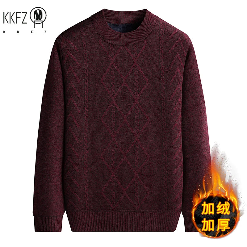 Thick Fleece Men Crew Neck Jumper Vintage Cable and Diamond Woven Texture Soft Knit Fabric Outdoor Daily Warm Top