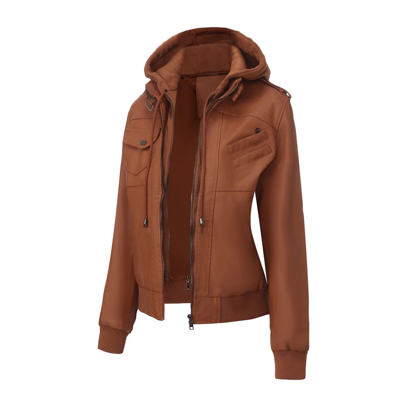 2027 New Women's Long-Sleeve Hooded Faux Leather Jacket—a Lightweight, Slim-fit PU Biker Coat for Spring/Fall.Black,Brown,Khaki.