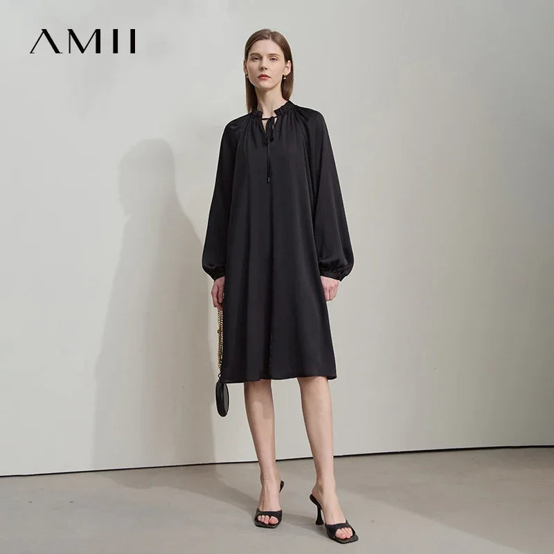 រ៉ូបនារី Amii Minimalist Retro ឆ្នាំ២០២៥ រដូវស្លឹកឈើជ្រុះថ្មី ចងដៃអាវស្មា សំពត់រាងអក្សរ A រ៉ូបសាមញ្ញឆើតឆាយសម្រាប់ស្ត្រី 12521064