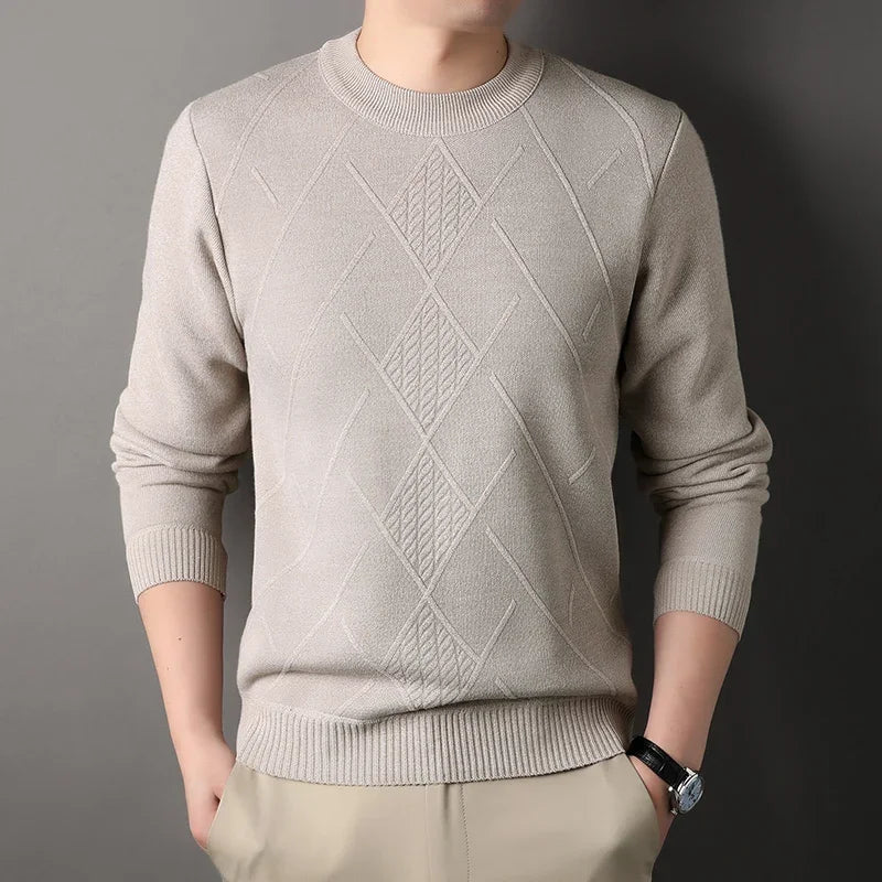 Stretch Crew Neck Male Knitted Pullover Embossed Diamond Pattern Fleece Lined Cold Proof Casual Long Sleeve Top