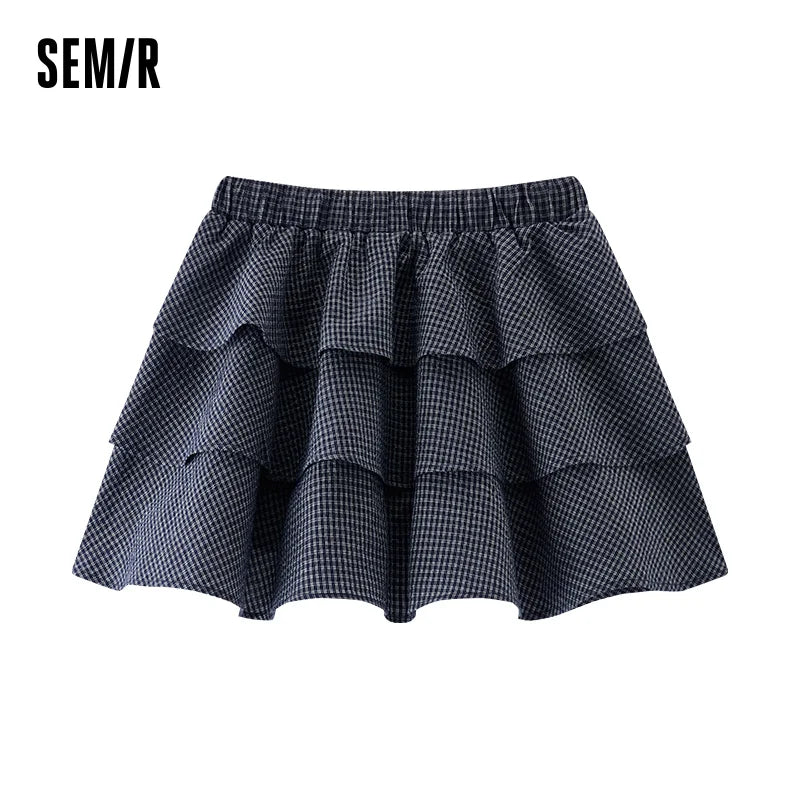 Semir Midi Skirt Women Elastic Waist Temperament 2025 New Summer Lovely Checkered Puffy Cake Skirt Playful for Summer