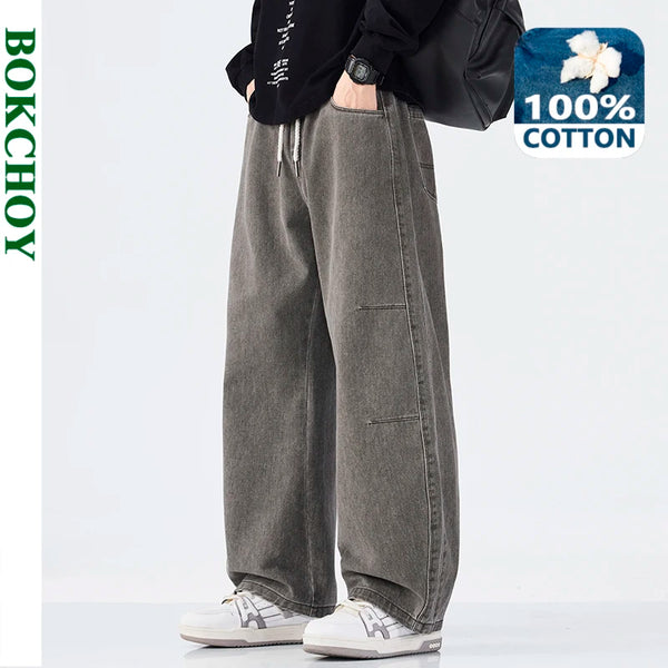 Autumn New Loose 100% Cotton Vintage Washed Straight Jeans for Men Clothing Comfort Men Trousers LX5045