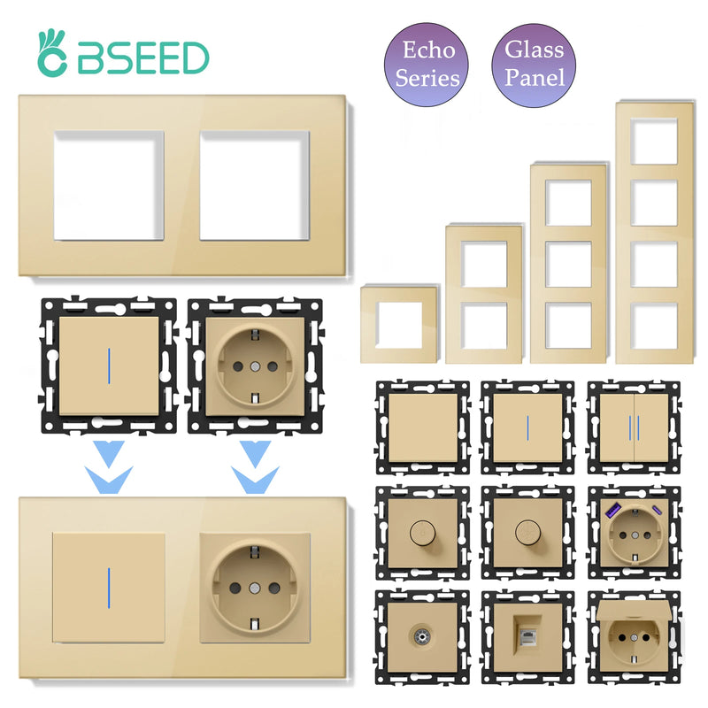 BSEED 1/2Gang Button Light Switch Function Part Glass Frame Only Light Switch Wall Power Scoket DIY Parts Free Combination 86mm