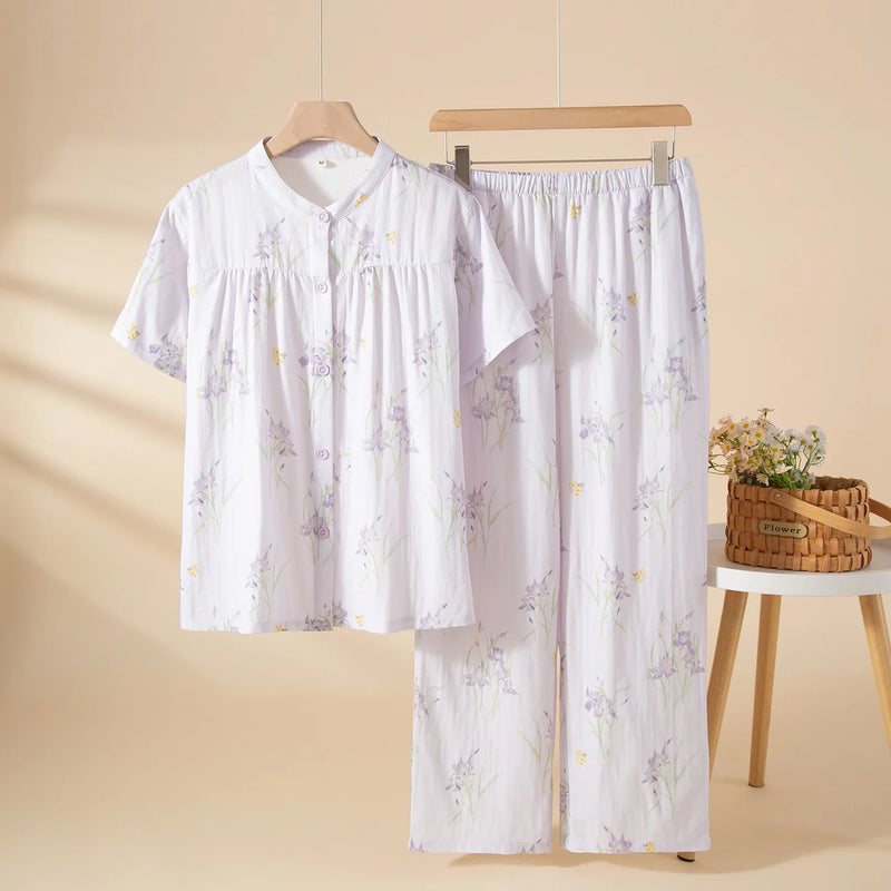 100% Cotton Women's Home Clothes Short Sleeve Sleepwear Summer Suit Pajamas for Woman Floral 2 Piece Set Night Wear for Ladies