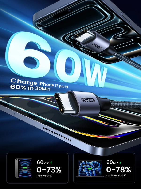 ខ្សែសាកលឿន UGREEN PD3.0 60W USB Type-C ទៅ USB-C សម្រាប់ iPhone 17 16 MacBook Air iPad Samsung Xiaomi USB Fast Charger Cord