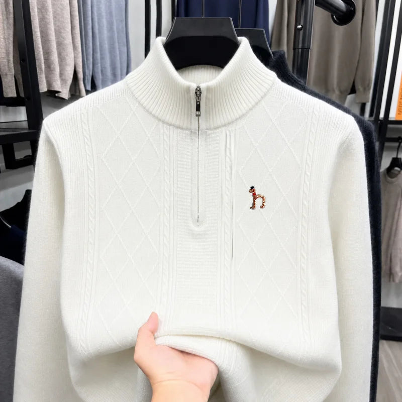 Fashion Man Long-Sleeved Knitwear Mock Neck Zipper Exquisite Pattern Embroidery Autumn Winter New Pullover Leisure Men'sClothing
