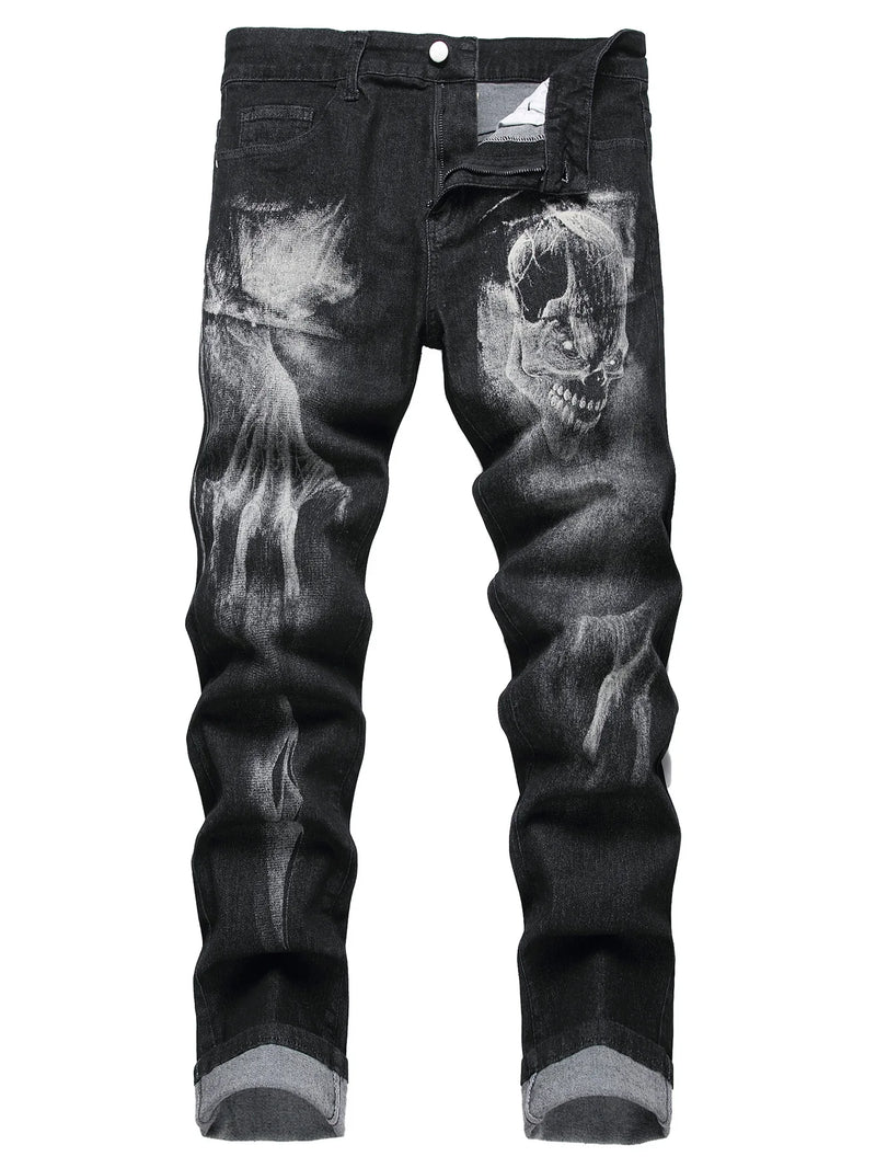 2026 Men's Blue 3D Printing Jeans, Black Wolf Pattern Printed Punk Straight Cotton Casual Print Denim Pants Asian Size 28-42