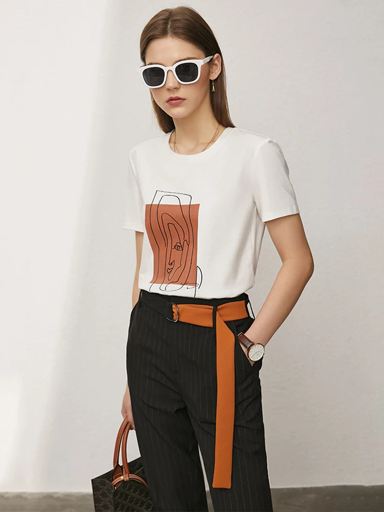 AMII Minimalism 2026 Summer New Top Women Short Sleeves Geometric Print T-shirt Cotton O Neck Black Casual Tees Female 12342527