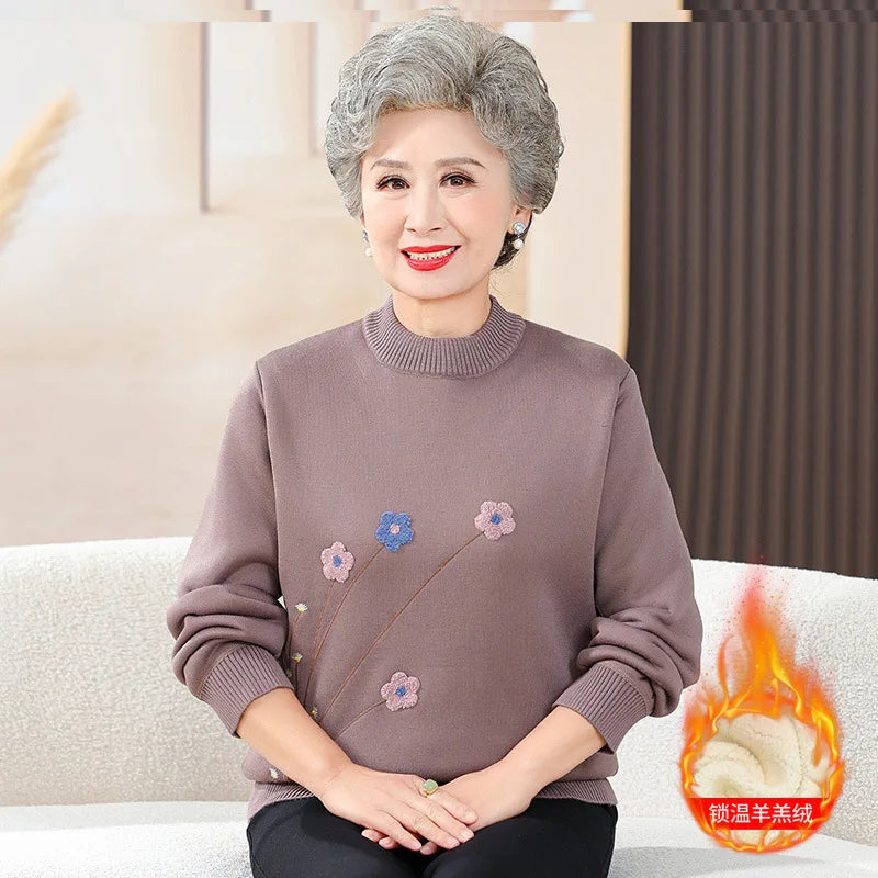 Thick Velvet Women's Bottoming Top Autumn Winter New Grandma Half Turtleneck Knit Sweater Middle Aged Mother Pullover Shirt