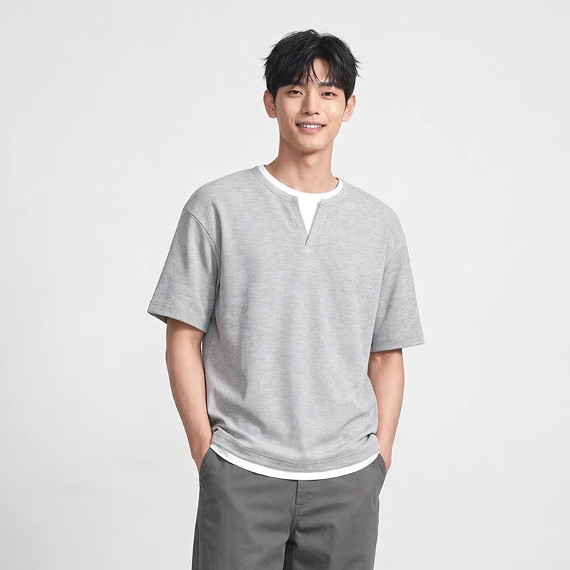Semir Men Tshirt Short Sleeve V Neck Colorblock Waffle Knit 2026 Autumn Loose Casual Style Pullover Everyday Top