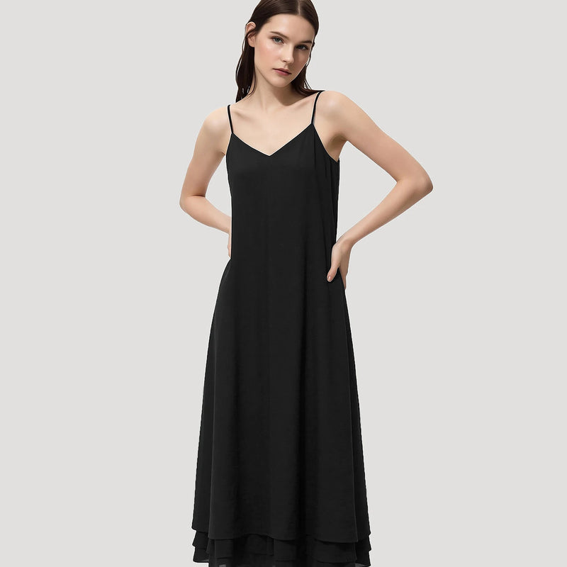 Amii Slip Women's Dress 2026 Summer New V Neck Straight Casual Color Block Chiffon Spaghetti Strap Midi Dress For Women 12622101