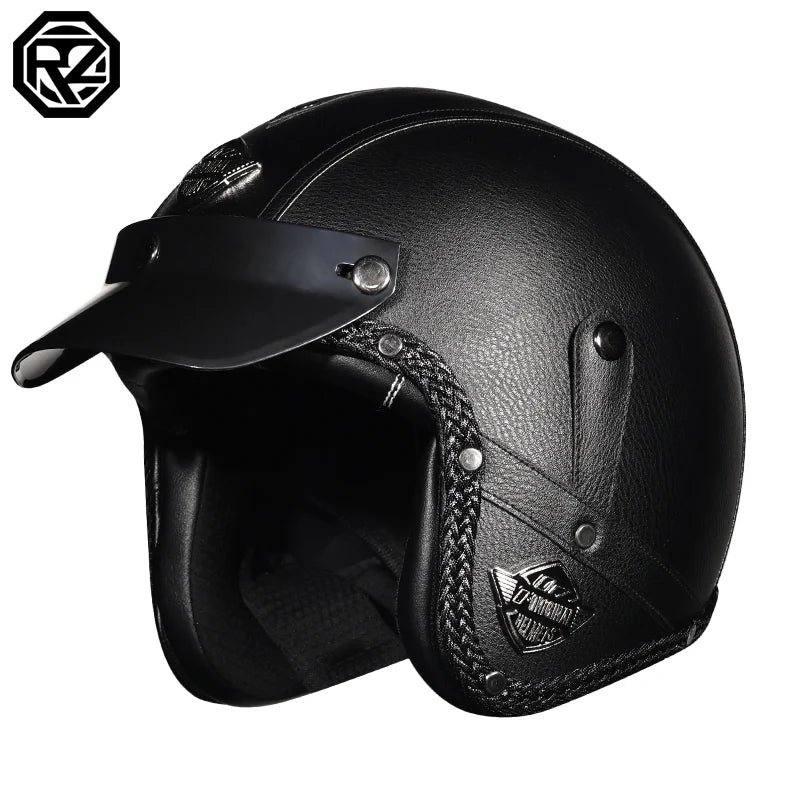 Retro Motorcycle Helmet PU Leather Open 3/4 Chopper Bicycle Helmet CapacetDOT Certification
