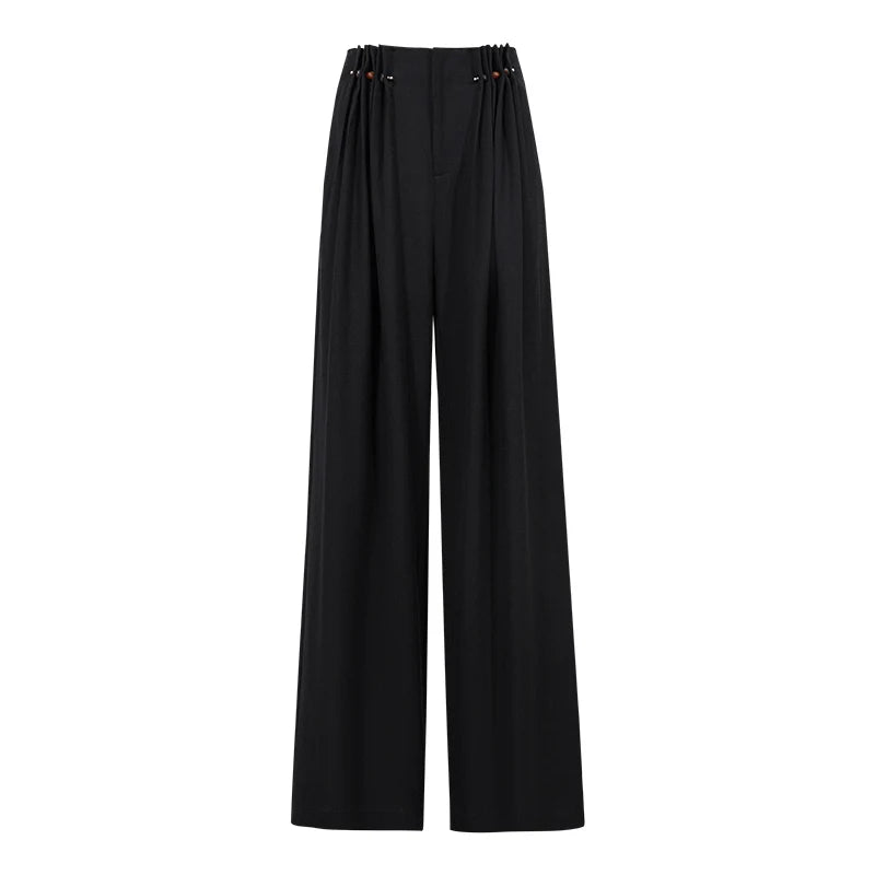 Amii Women's Wide Leg Pants 2026 Summer New Beaded Pleated Loose Trousers Casual Pants For Women With Metal Pin Detail 12652007