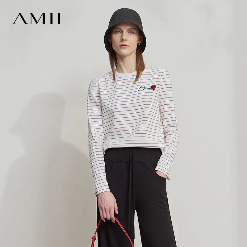 អាវយឺតដៃវែង Amii Minimalist សម្រាប់ស្ត្រី រដូវស្លឹកឈើជ្រុះឆ្នាំ ២០២៥ កអាវមូលថ្មី កប្បាសឆ្នូតប៉ាក់ សម្រាប់ស្ត្រី 12511094