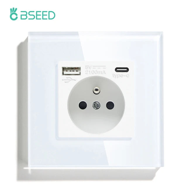 BSEED France Standard Wall Electrical Outlet USB Type-C Charge Port Glass Panel 20W Fast Charge French Socket 110-250V