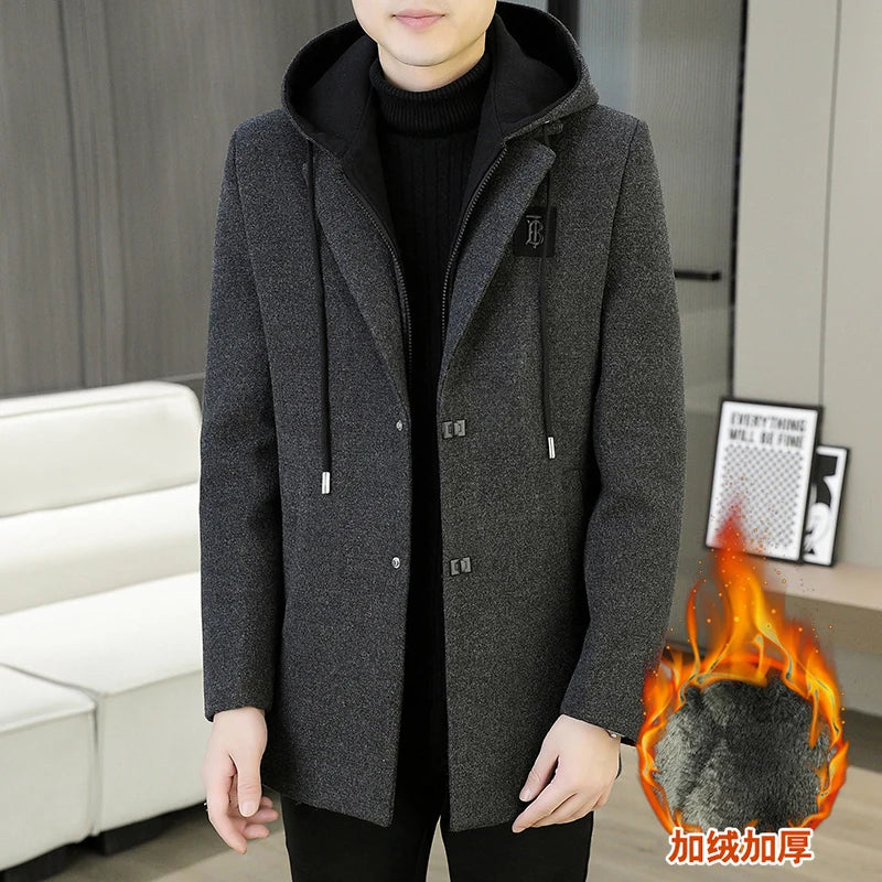 2026 Winter New Men's Black Long-Sleeve Hooded Trench Coat, Dark Gray Single-Breasted Long Jacket, Stylish and Warm Overcoat.