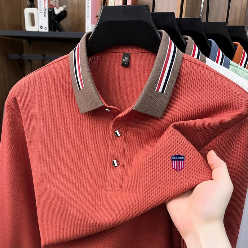 Man 100% Cotton Long-Sleeved Polo Shirt Lapel Button Exquisite Pattern Embroidery Autumn Snug Leisure Versatile Men's Polo Shirt