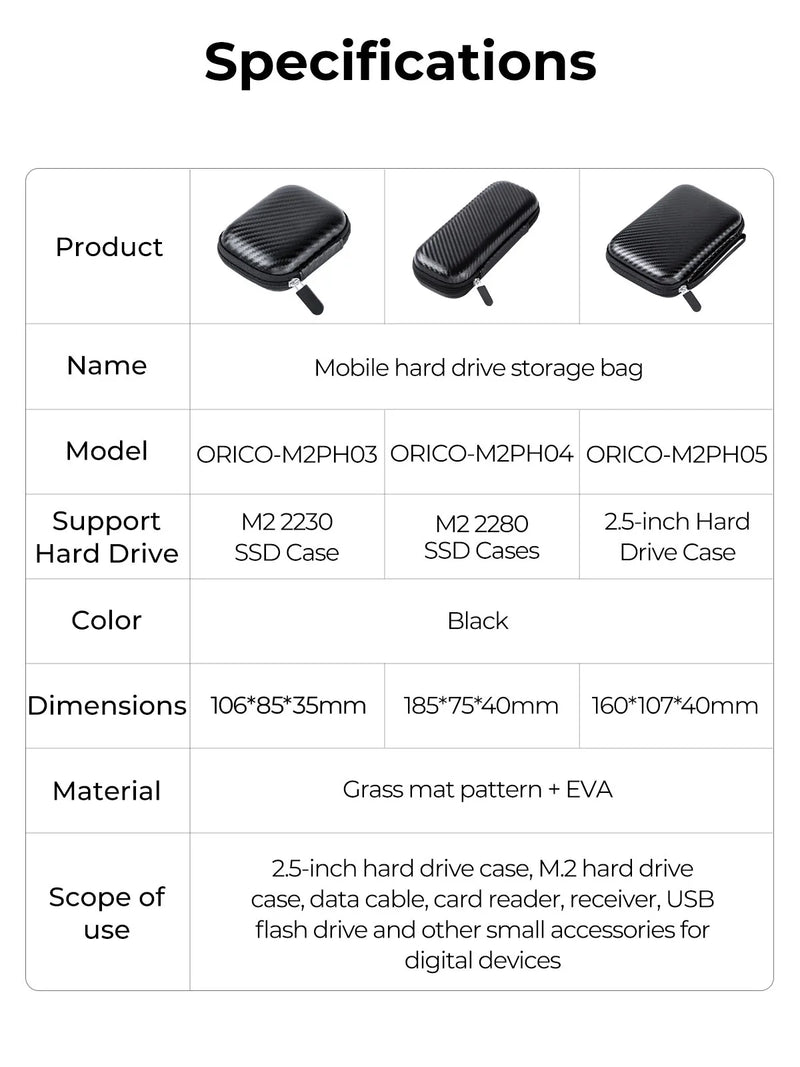 ORICO Portable Protection Hard Case Shockproof EVA Organizer Case for External 2.5 inch Hard Drive SSD USB Charging Cable