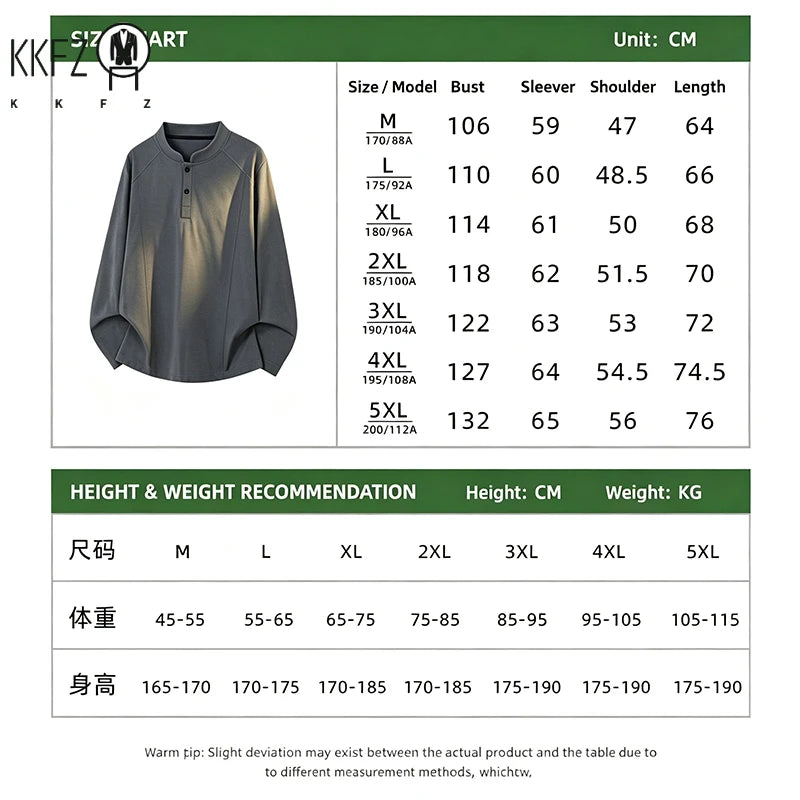 Mens Raglan Sleeve Henley Shirt Mandarin Stand Collar Long Sleeve Two Button Placket Loose Casual Daily Top