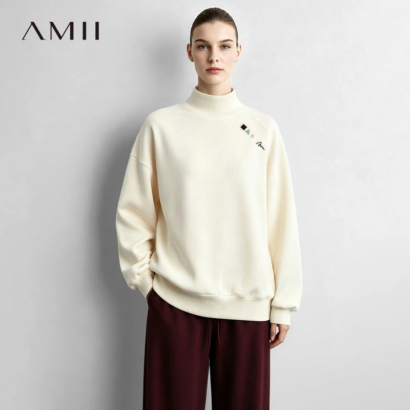 Amii Women Sweatshirts 2026 New Arrival Autumn Embroidery Fabric Mock Neck Long Sleeve Color Block Oversized Women Top 12623057