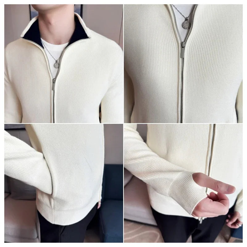 Autumn and Winter Stretch Solid Color Zipper Cardigan, Daily Casual Men's Business Casual Sweater.Stand-up Collar Coat
