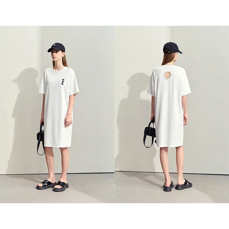 Amii Minimalism Dress For Women 2026 Summer New O-Neck Fun Embroidery Hollow Cotton Loose Casual T-shirt Dress Female 12442174