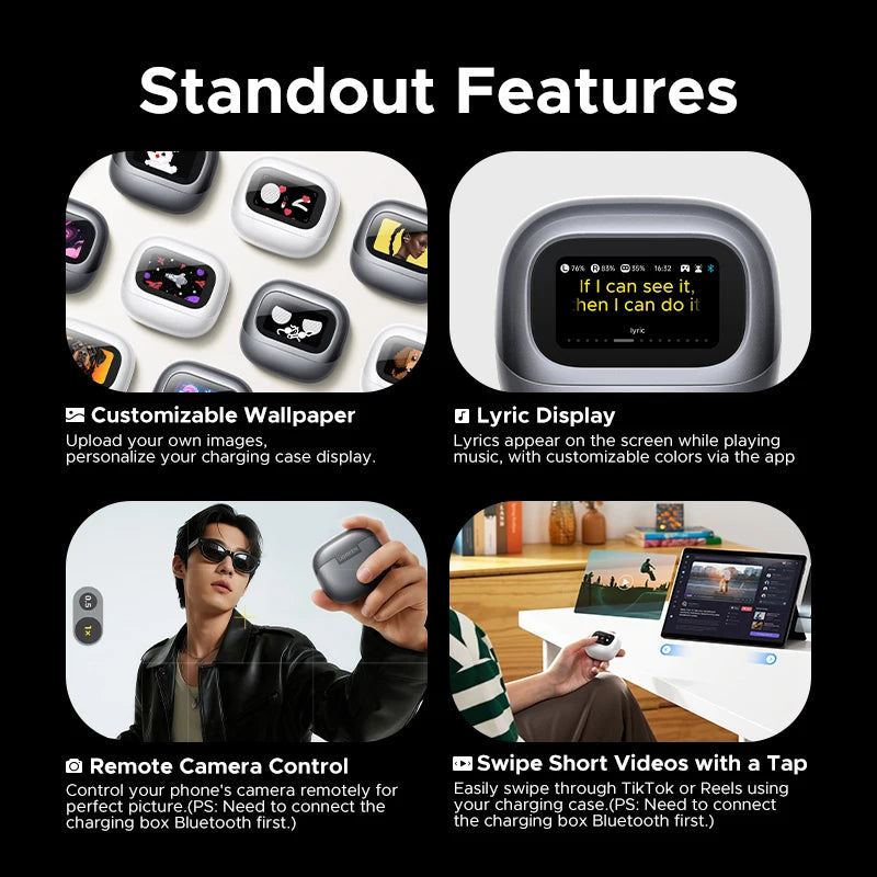 UGREEN Lightbuds Semi-open Adaptive Active Noise Cancellation ANC Wireless Bluetooth Earphones With LCD Full Color Smart Screen