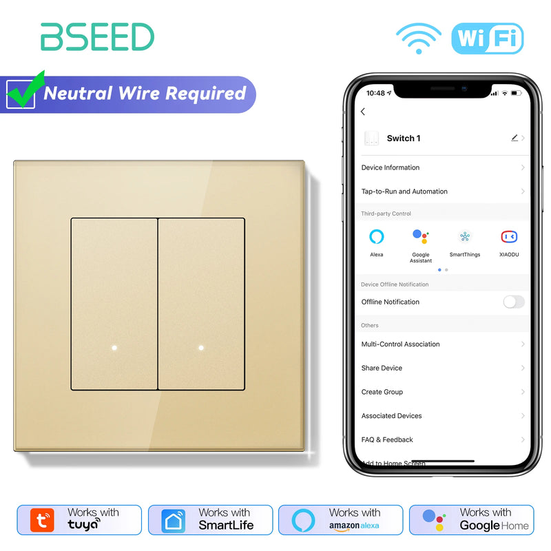 BSEED WIFI Smart Push Button Switch 1/2/3/4Gang 2Way APP Remote Control Glass Panel LED Indicator Tuya Smart Life Alexa Control