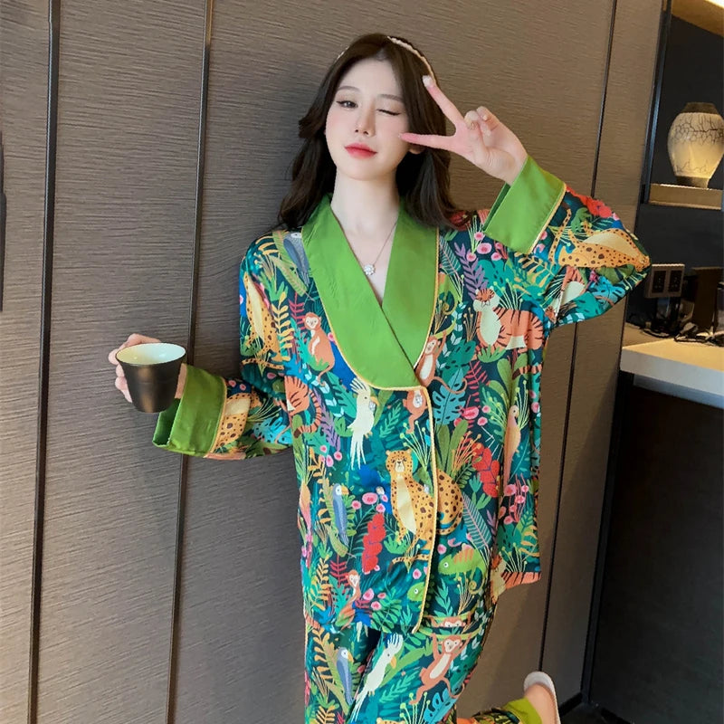 Print  Animal Flower V-neck Luxury Pajamas Set for Women Spring Autumn New Casual Home Suit Nightwear All-match Soft Pajamas
