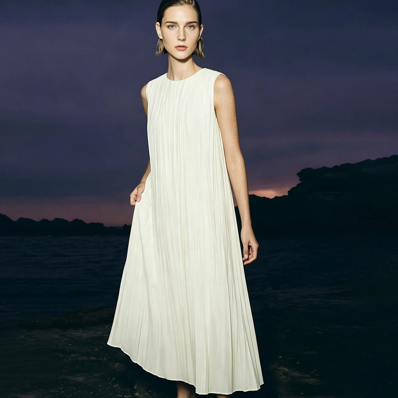 Amii Sleeveless Women's Dress 2026 Summer New Round Neck Tie Pleated Midi Dress Loose Fit Casual Elegant Woman Clothes 12622203